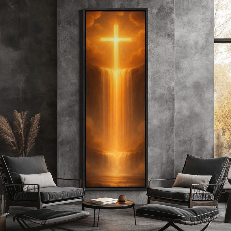 «Glowing Cross Light Waterfall Heavenly», art mural vertical sur toile encadrée, Noir, H 60 po x l 20 po