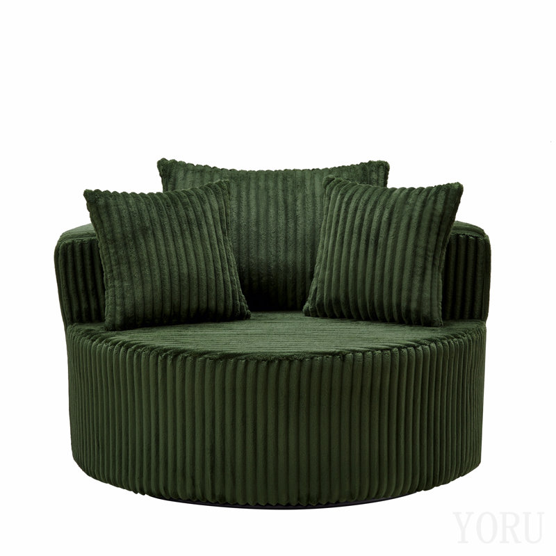 Oversized Round Swivel Accent Chair With Plush Upholstery & Matching Throw Pillows-Green
