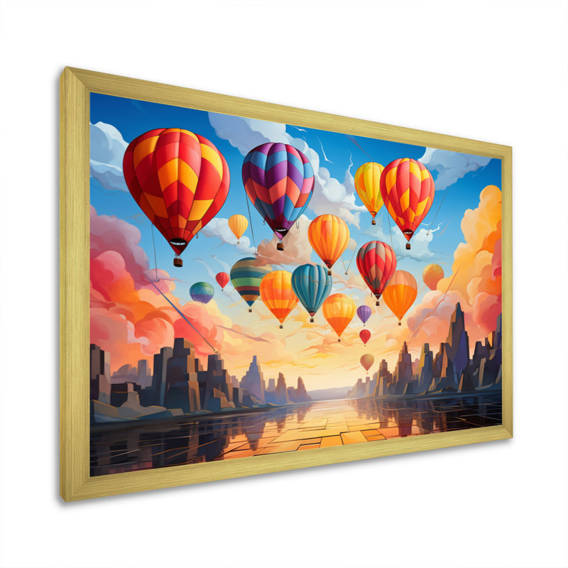 «Colorful Hot Air Ballon Cubist I», reproduction d'art sur toile, H 34 po x l 44 po x P 1,5 po, Encadrement doré