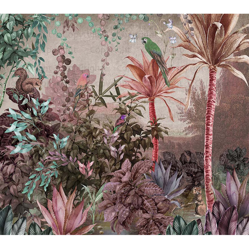 Papier peint jungle enchantée, oiseaux tropicaux et feuillage, L 110,04 po x l 122 po, Rose