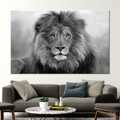 Art mural lion majestueux aux yeux bleus - Toile animalière pour loft et décoration moderne