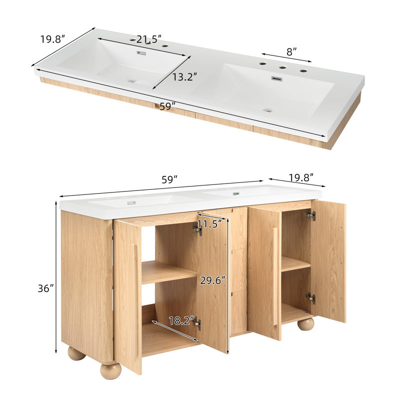 Meuble-lavabo double 59 po, meuble-lavabo en résine avec portes à fermeture douce et tiroirs de rangement 59 po