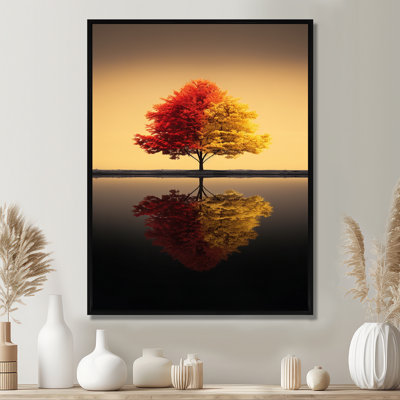 Arbre rouge et jaune dans un lac tranquille - arbre chêne, art mural