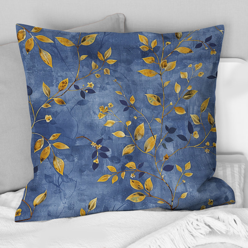Blue And Gold Rustic Elegance Leaves - Farmhouse Pillow, 16"H x 16"W, Square