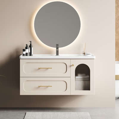 Meuble-lavabo mural 39 po avec lavabo mural 39 po et 2 tiroirs, meuble-lavabo flottant moderne avec lavabo intégré en céramique et plateau intégré blanc