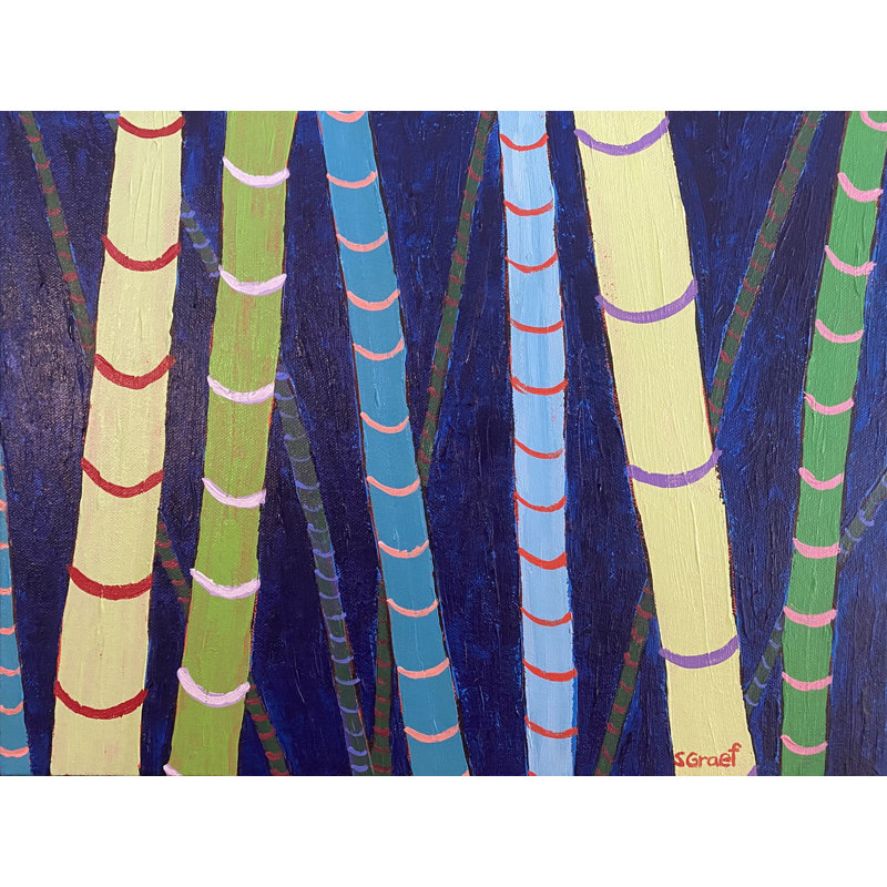 «Bamboo at Night 2» par Sue Graef - Peinture, Toile tendue, H 24 po x l 32 po