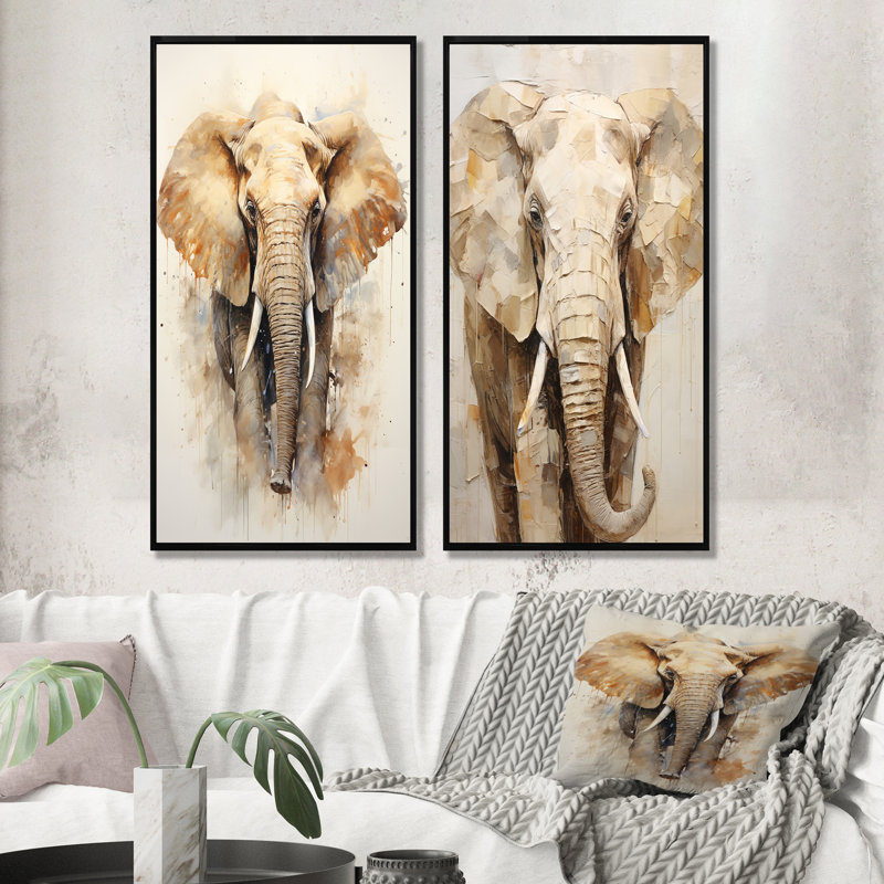 Gentle Elephant Giants - Ensemble de 2 reproductions d'art sur toile, H 32 po x l 33 po, Cadre noir