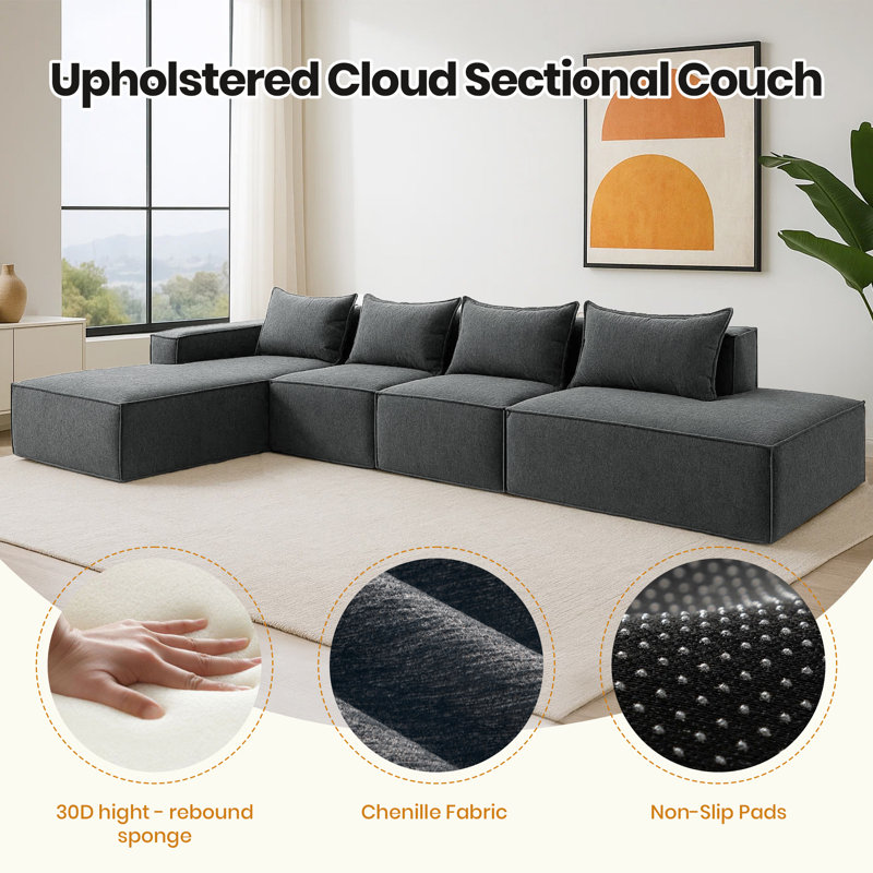 Canapé en chenille 4 pièces sans assemblage requis, Gris chenille, H 27,6 po x l 146,1 po x P 70,9 po, Orienté à droite