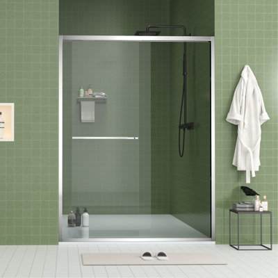 60" Wide And 70" High Aluminum Frame Bypass Bathroom Sliding Door With Double Handle As Towel Rail, - Crash Angle, Mute Rollers, Easy To Install 56 Adjustable Width 8Mm & Tempered Glass, Stainless