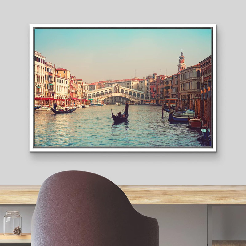 Architecture, pont du Rialto et gondoles à Venise, Cadre blanc, H 16 po x l 24 po x P 1,5 po