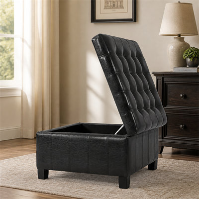 Repose-pieds de rangement en polyuréthane noir avec pieds en bois d'hévéa, repose-pieds carré capitonné de 30,25 po avec rangement surélevé pour le salon, la chambre à coucher et le vestibule, capacité de poids de 300 lb