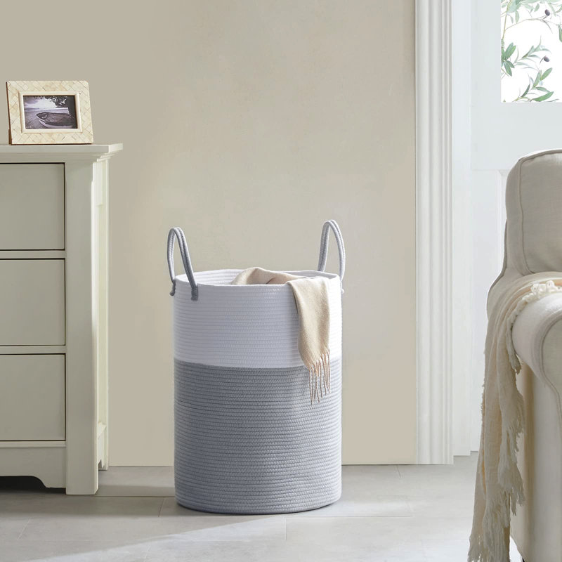 Fabric Laundry Basket with Handles, White/Grey