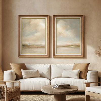 Soft Pastel Clouds Tranquil Horizon - Set of 2 Premium Framed Wall Art Print on Paper 26"x36"
