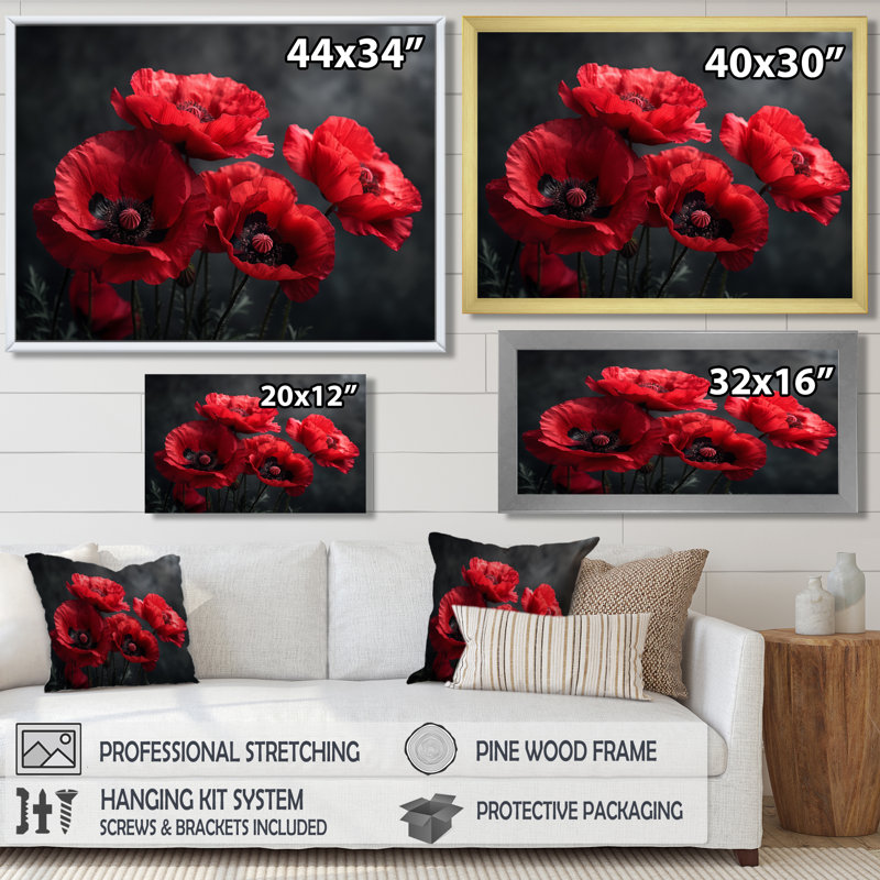 Coquelicots rouges et noirs, charme monochrome III - coquelicots, art mural, Toile tendue, H 12 po x l 20 po