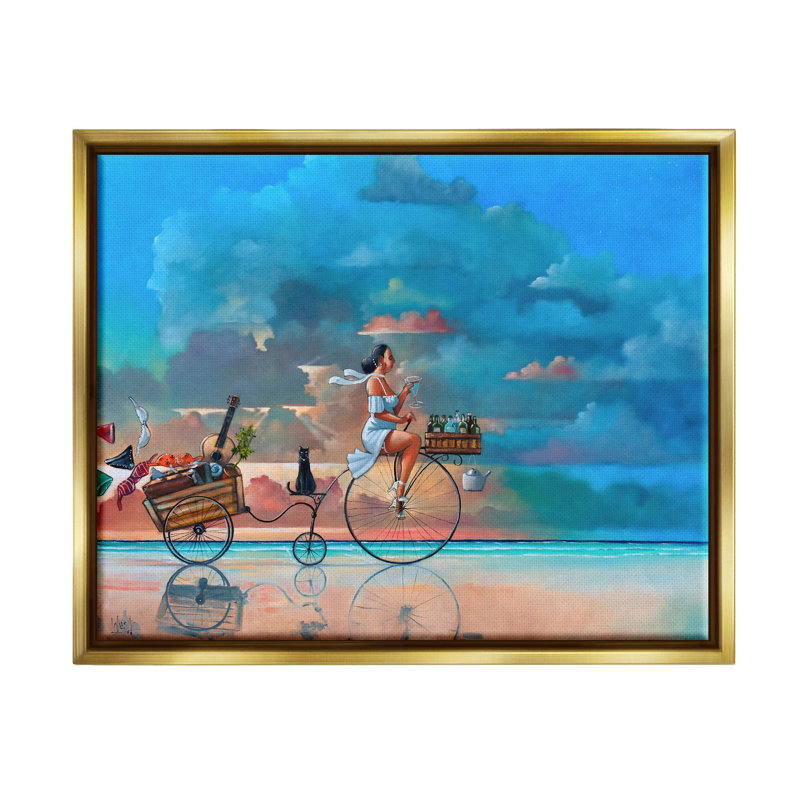 «Summer Beach Bike Ride Reflection» par Ronald West - peinture sur toile à cadre flottant, H 25 po x l 31 po x P 1,7 po