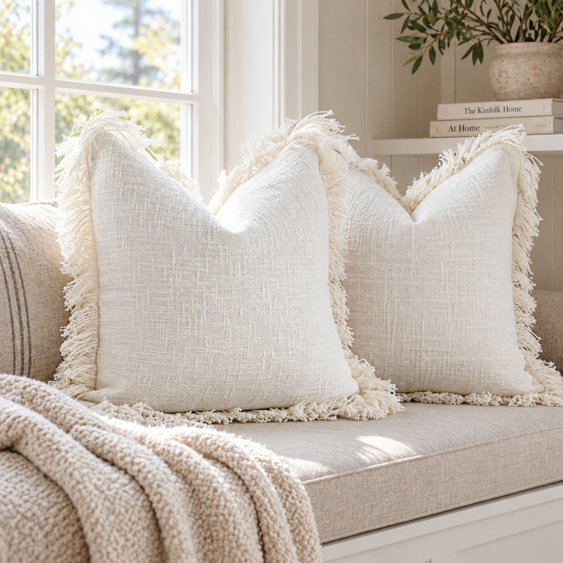 Housse de coussin décorative bohème à franges 100 % coton, 18 po x 18 po, Ivoire ivoire