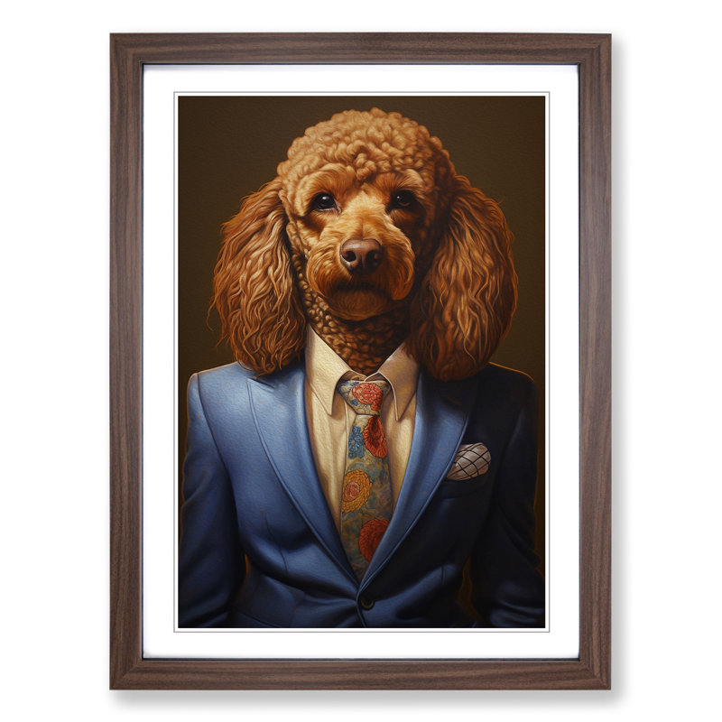 Poodle In A Suit - Single Picture Frame Print on Wood, 46cm H x 34cm W x 2cm D, Walnut