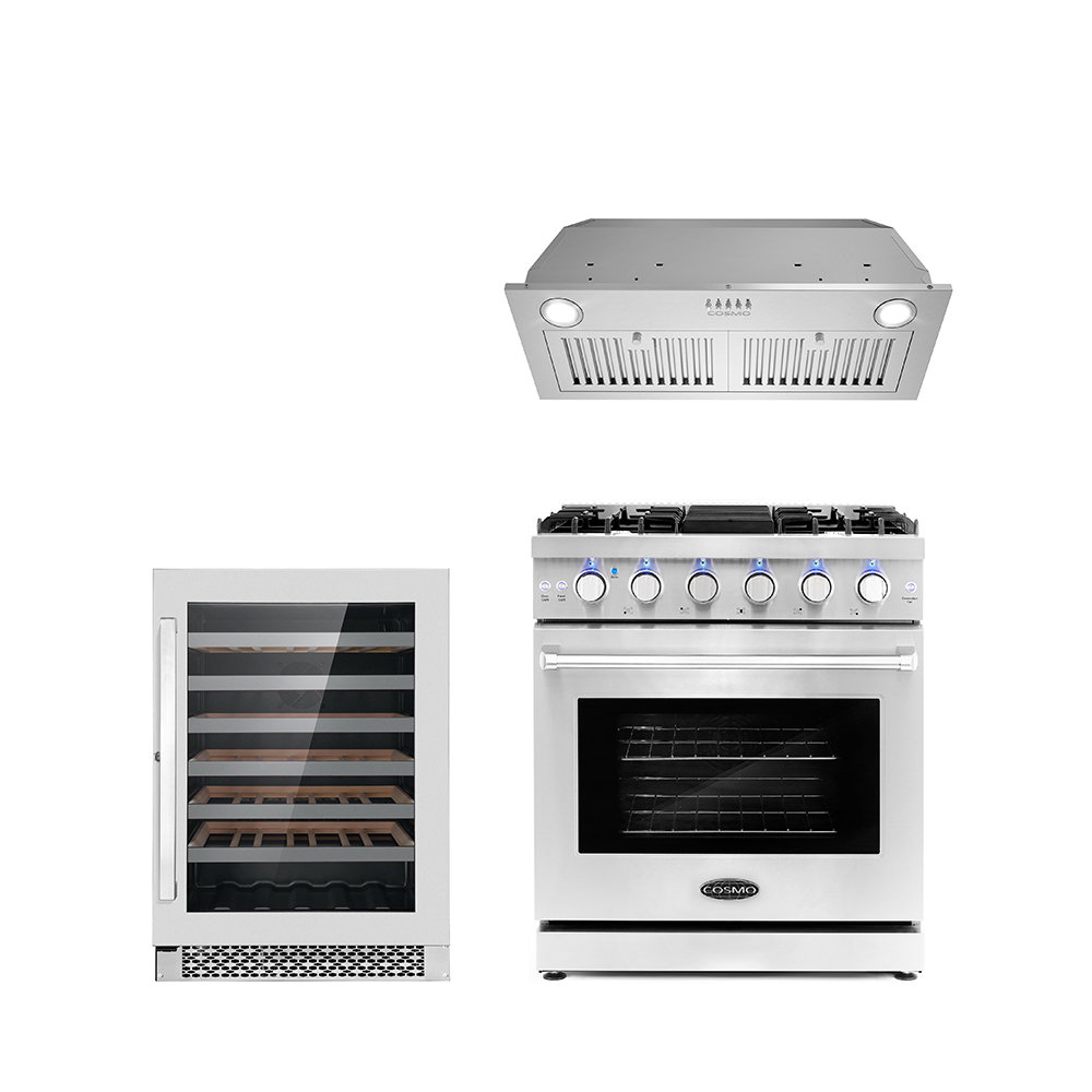 3 Piece Kitchen Package with Freestanding Gas Range, Insert Range Hood, & Freestanding Wine Refrigerator Cosmo