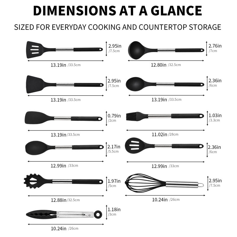 Ensemble de 12 ustensiles de cuisine en silicone résistant à la chaleur avec support pivotant à 360° en acier inoxydable noir