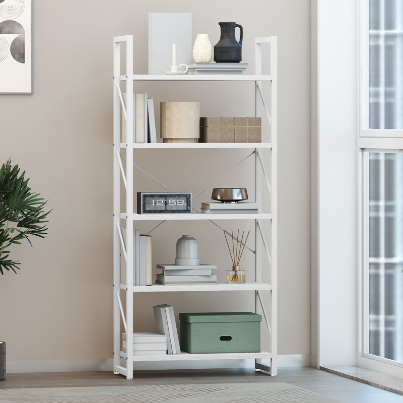  5-Tier Industrial Bookshelf, White Freestanding Bookcase With Metal Frame, Open Display Storage Shelf, White