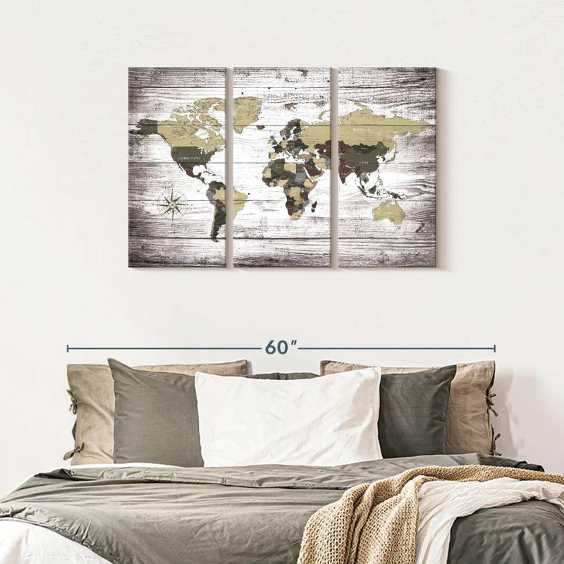 " Aged World Map XXXIII Multi Piece Canvas Print " by Jorge S 3 - Pieces, 28" H x 45" W x 1.25" D