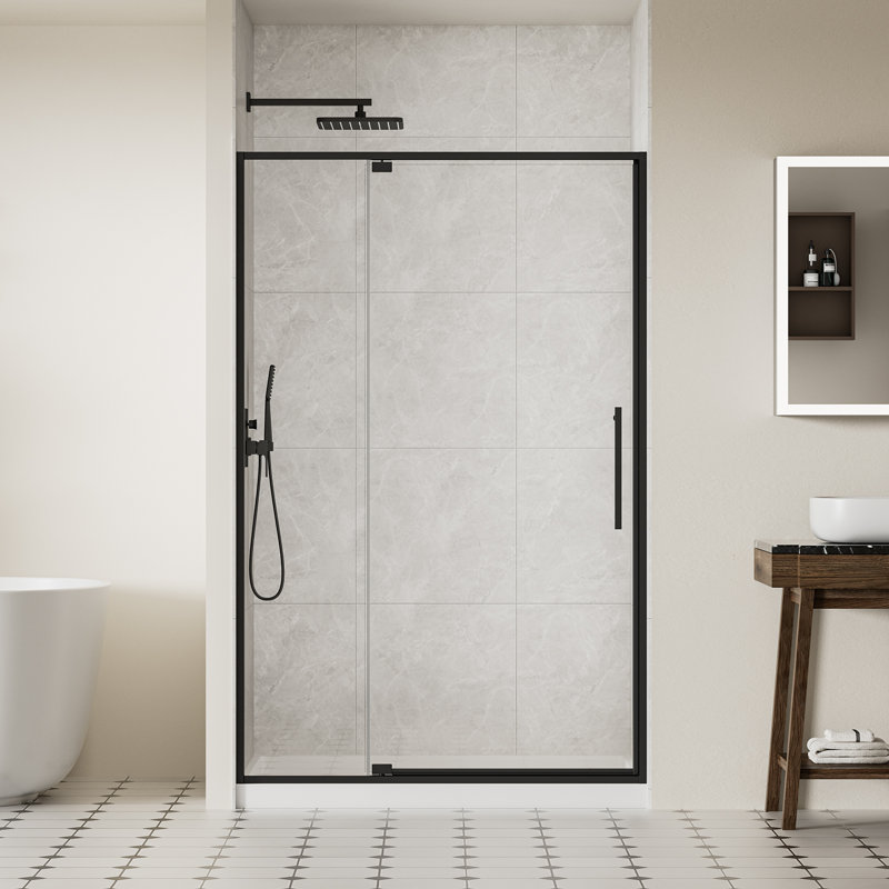 Porte de douche pivotante en verre de 44 à 48 po x H 74 po, porte de douche à cadre pivotant avec verre trempé de 5/16 po (8 mm), portes de douche à finition noir mat, panneau de verre coulissant réglable en largeur
