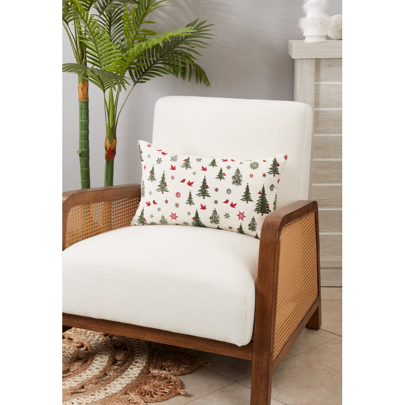 Ivory Christmas Trees and Cardinals Cotton Throw Pillow