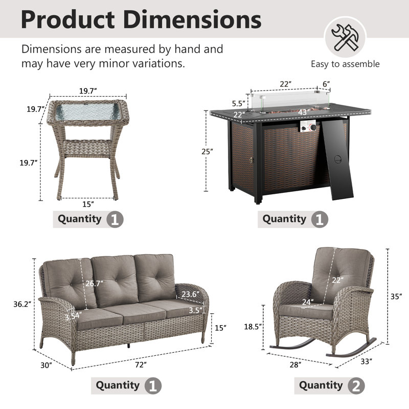 Ensemble de canapé d'extérieur en rotin 5 pièces avec chaises berçantes et foyer, Gris
