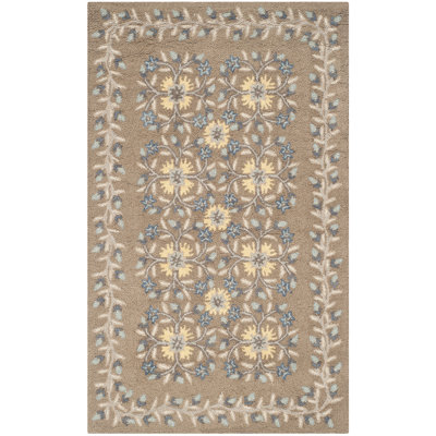 Tapis beige / bleu / jaune en laine touffeté à la main Folklore