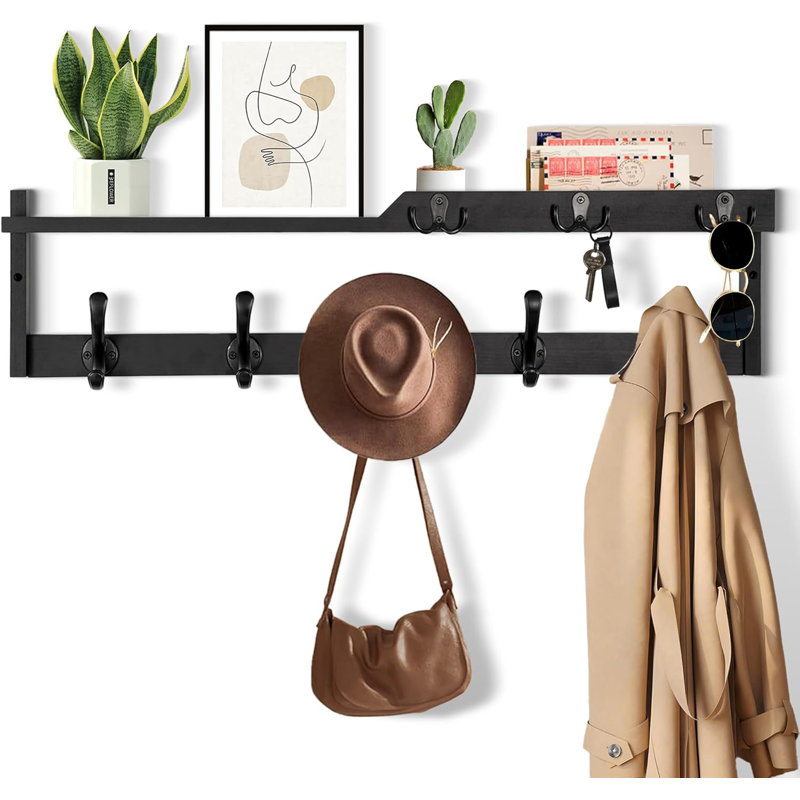 Wall Mounted Coat Rack With Shelf, Key Hooks And Mail Holder - Multi-Functional Entryway Organizer, Floating Shelf With Storage For Hats, Coats And Keys - Durable Solid Wood Construction