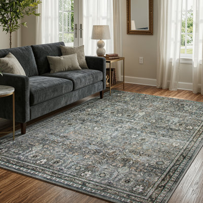 Watte Vintage Floral Border Washable Area Rug with Non-Slip Backing for Living Room & Bedroom