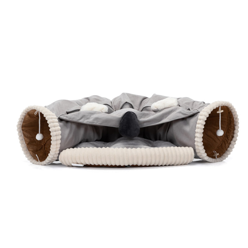 Tunnel d'intérieur gris pour chat lavable avec coussin et suspension - pliable, double fonction, sans assemblage, convient à 2 boules pliables