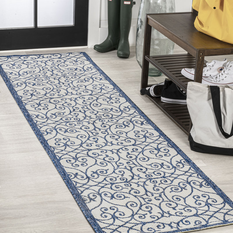 Deronte Vintage Filigree Textured Weave Blue/Cream Indoor/Outdoor Rug, Runner 2'2" x 10'