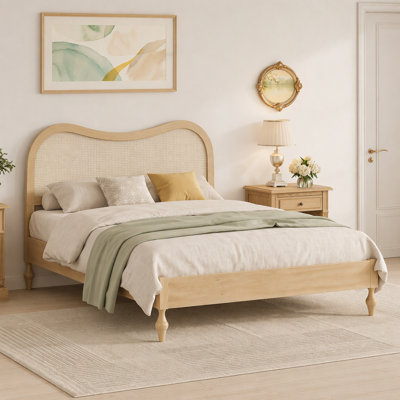 Queen Mid-Century Boho Solid Wood Platform Bed, Curved Rattan Cane Headboard, Natural Wood Finish