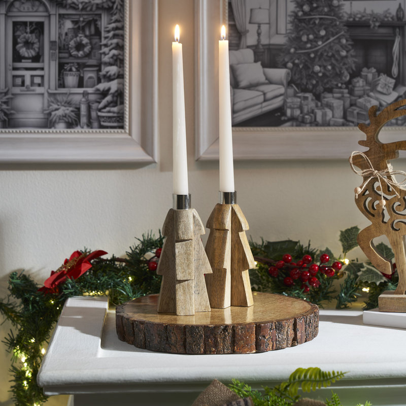 Ensemble de 2 porte-bougies en bois Tree - 6 x 3 x 3