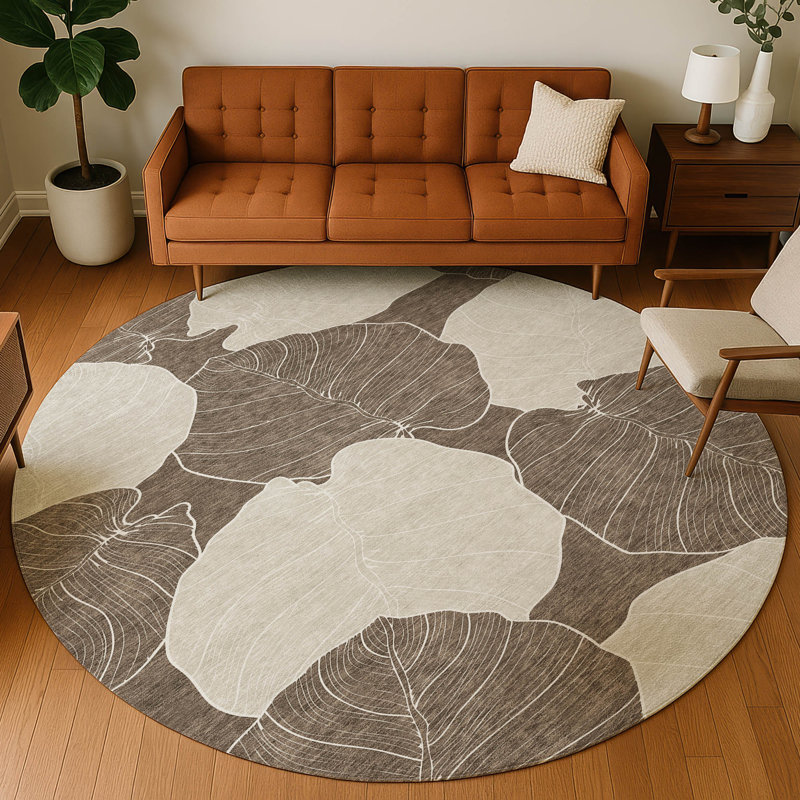 Machine Washable Indoor/Outdoor Chantille ACN2506 Floral Rug, Round 8', Chocolate