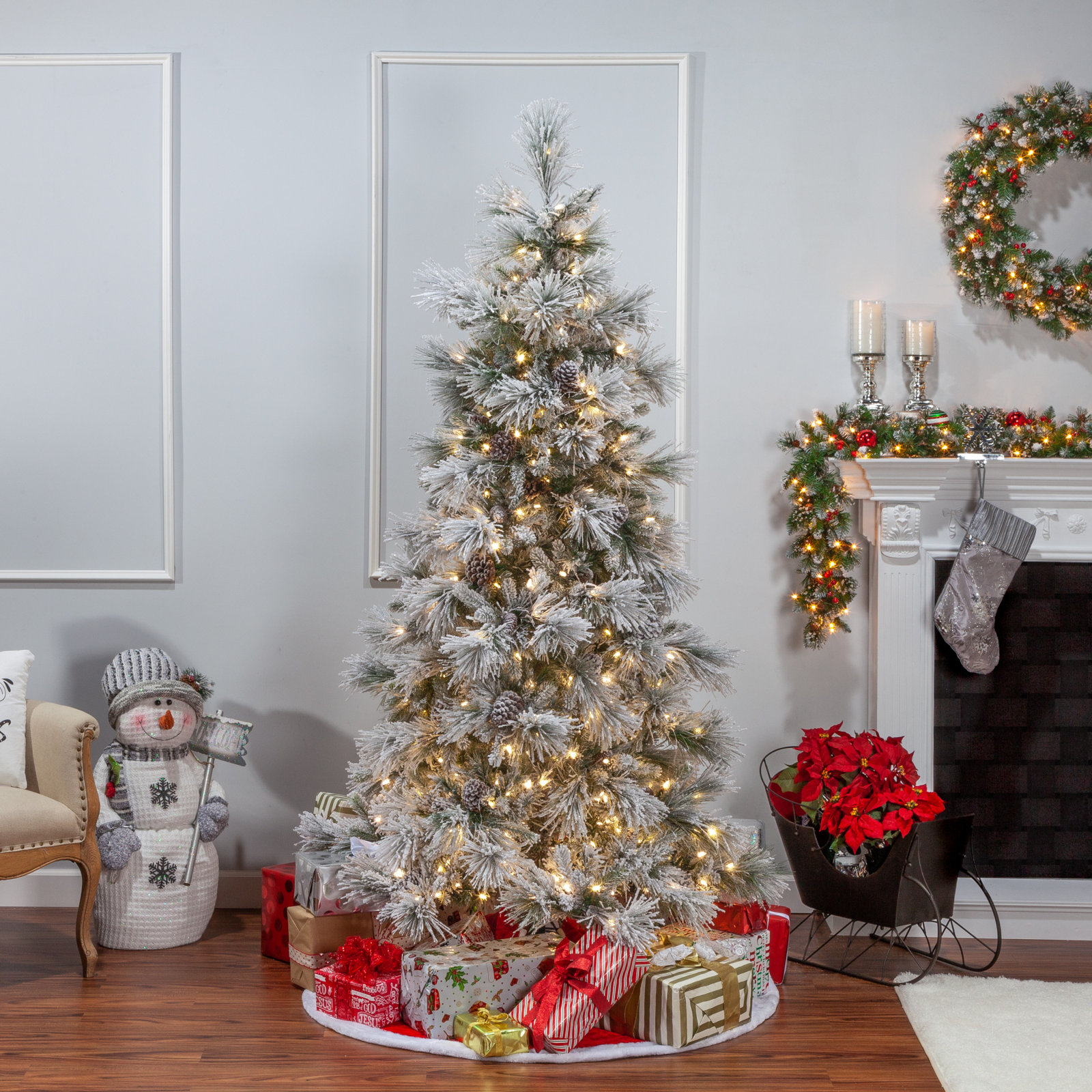 Frosted 9' Pre-Lit Pine Christmas Tree, 7' H
