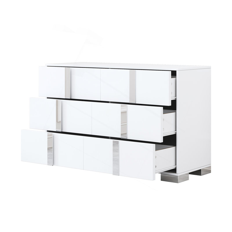 Commode élégante avec poignée en métal, armoire de rangement à miroir avec 6 tiroirs pour chambre à coucher, salon, blanc