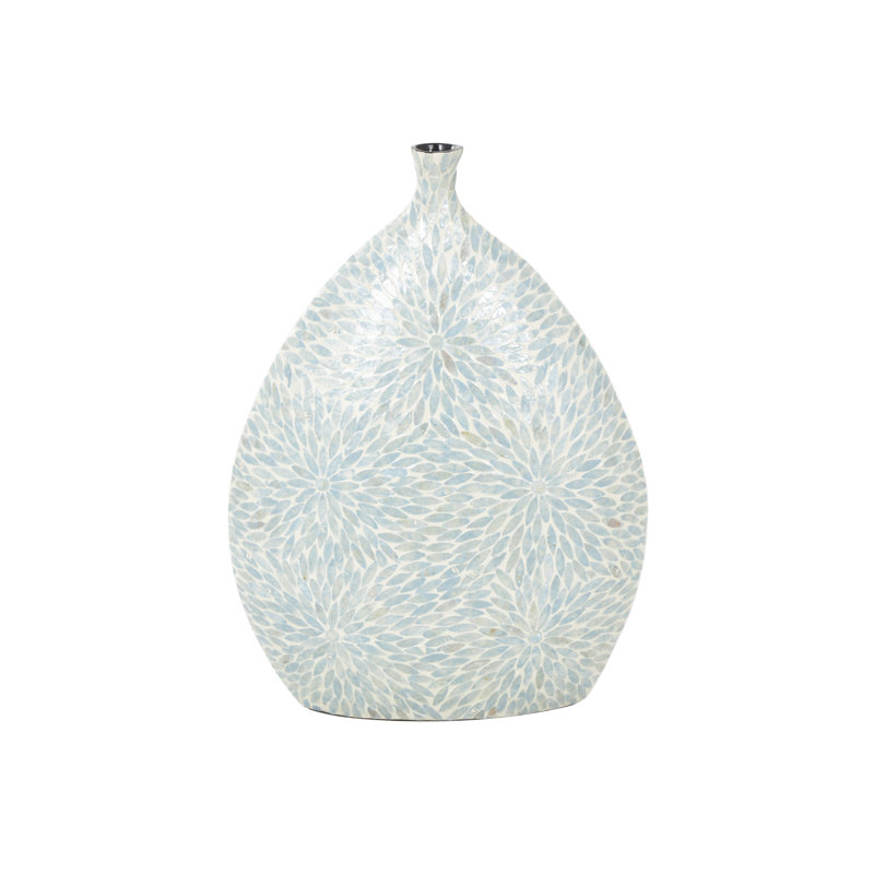 Pragathi Mother of Pearl Shell Handmade Large Mosaic Floral Decorative Light Blue Vase with Cream Underlay