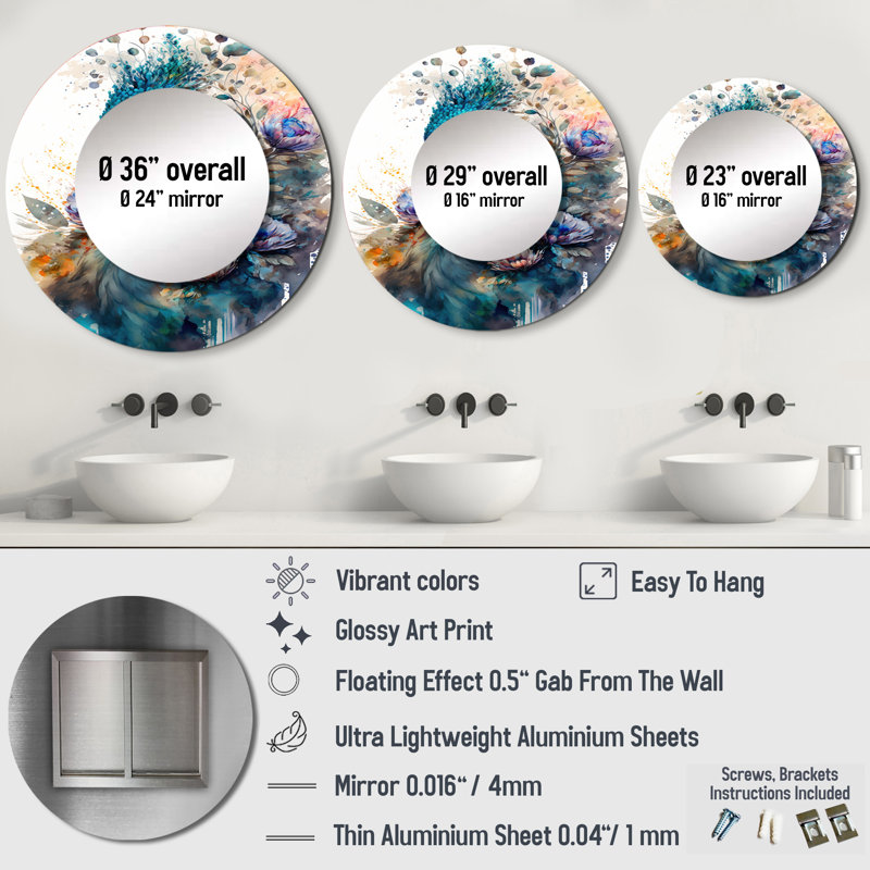 Param Cute Peacock Floral Art II - Peacock Mirror, Modern Round Unique Wall Mirror, Printed Metal Art, 36" x 36"