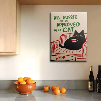 Funny Cat With Coffee Wall Art All Guests Must Be Approved By The Cat Quote Painting Picture Wall Decor Print Artwork Decoration