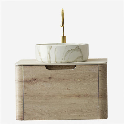 Meuble-lavabo de salle de bain 24 po XAI, meuble de rangement flottant en contreplaqué avec tiroir, cuve en céramique avec motif en pierre et plateau en pierre frittée à motif de travertin, pré-assemblé, couleur grain de bois de chêne blanc