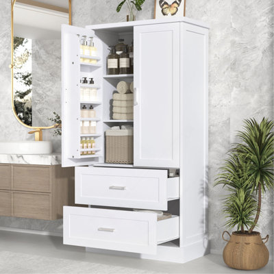 Armoire de rangement haute pour salle de bain, armoire avec deux portes et tiroirs, tablette réglable, panneau de fibres à densité moyenne, blanc, deux ensembles