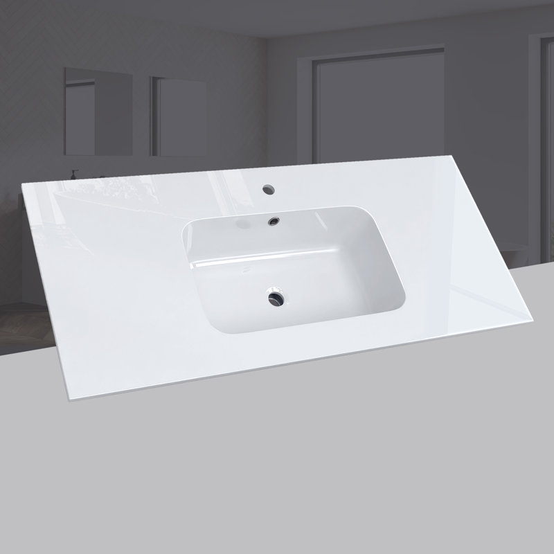 Plateau de meuble-lavabo à surface solide de 48 pouces avec lavabo intégré, comptoir mince de 0,56 po d'épaisseur, design moderne blanc éclatant, léger et facile à installer