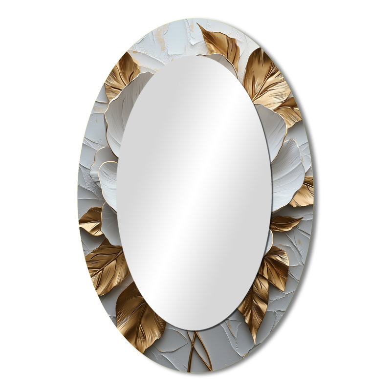 Peony Blooming In Gold And White V - Floral Oval Decorative Mirror On Metal, 36" x 24"