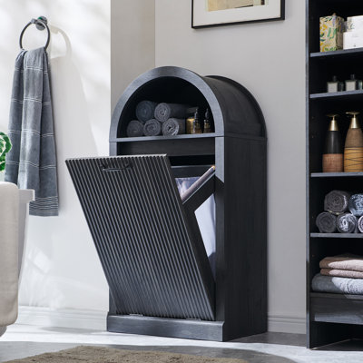  Armoire à panier à linge arquée moderne avec tablette ouverte, panier à linge de salle de bain cannelé de 10 gallons (comprend un panier à linge 1 pièce)