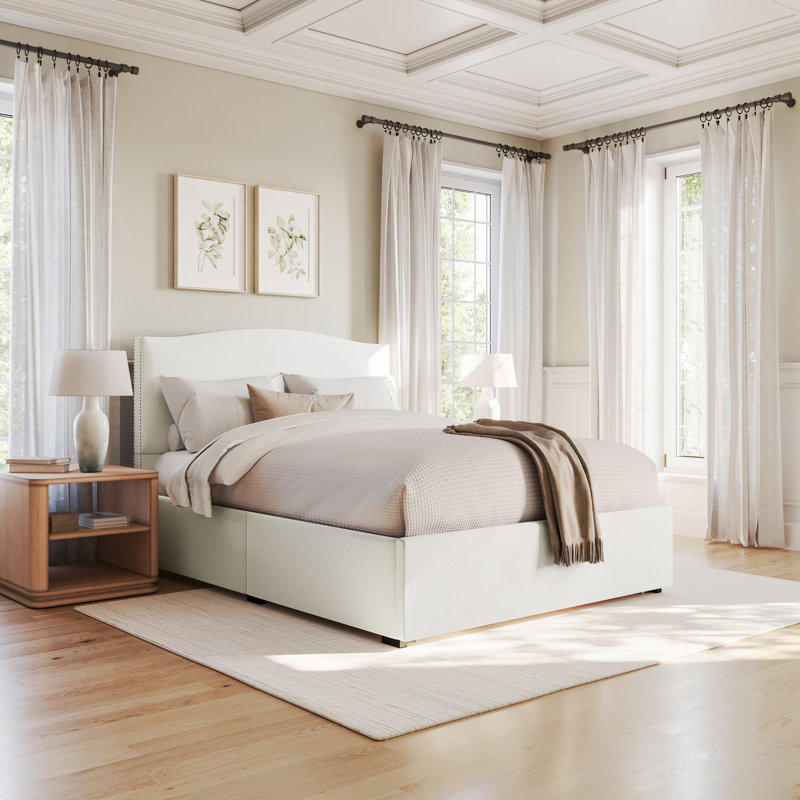 Martha Stewart Nyla Curved Nail Trim Headboard Platform Bed-Large Storage Drawer, Queen