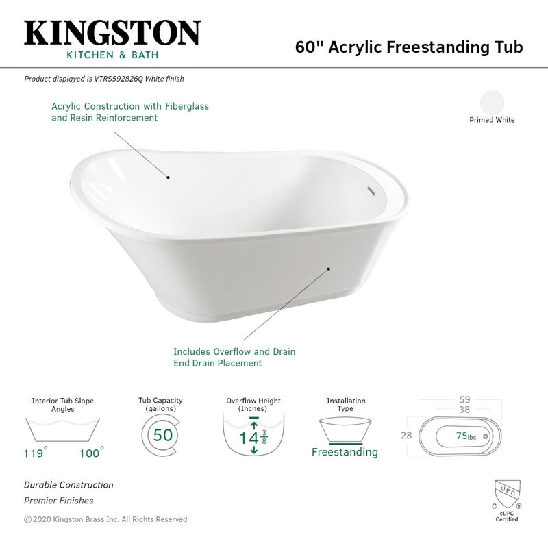 Kingston Brass Freesia 60-Inch Acrylic Oval Single Slipper Freestanding Tub with Drain