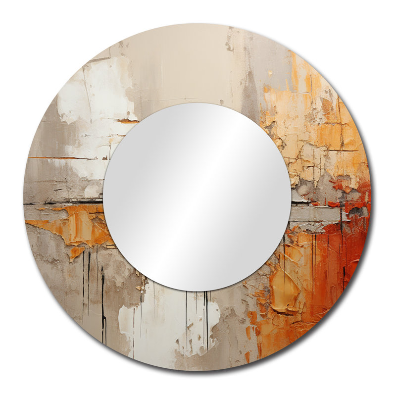 Radmen Orange Impressions I - grand miroir à collages abstraits, miroir mural rond rond jaune, reproduction d'art en métal
