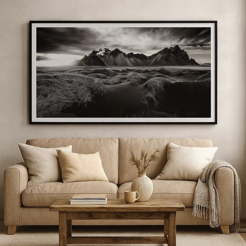 Art mural encadré, impression montagne et rivière, 47 x 87, noir et blanc